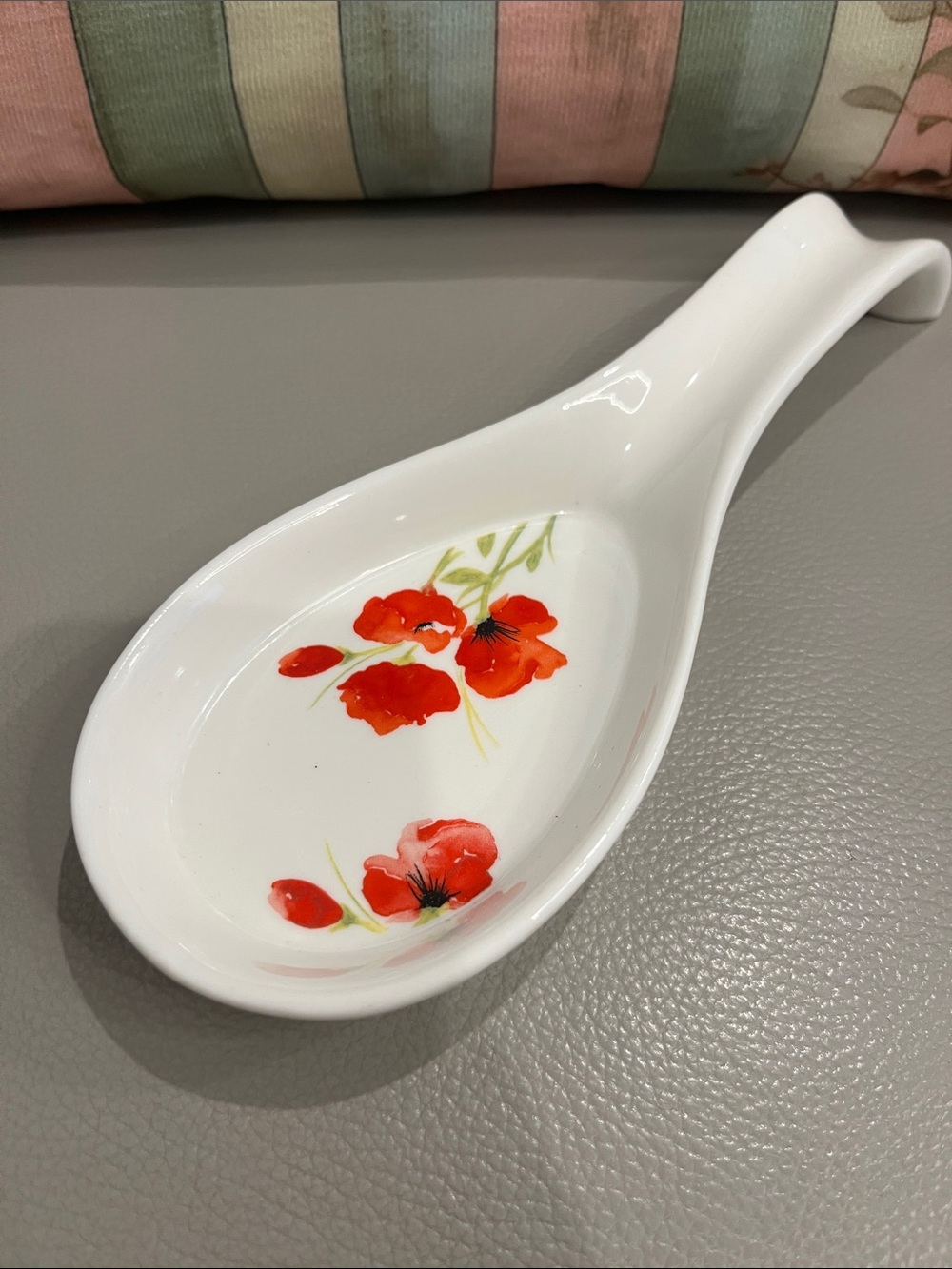 Cottage core Spoon Rest White Ceramic with Red Poppy Design